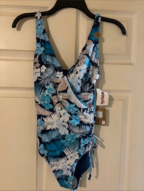 Nip Tuck Other - One-Piece Tropical Floral Swimsuit in Blue & White - Adjustable Ruched Fit